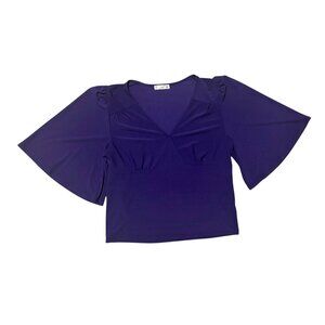 89th + Madison Womens Purple Flutter Sleeve V-Neck Top Size L Cropped Boho